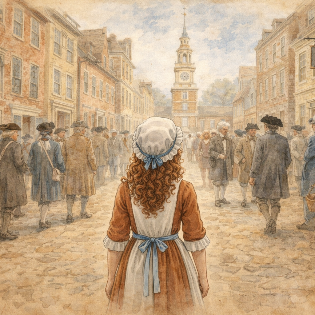 Vintage-style painting of a town square with people and a clock tower.